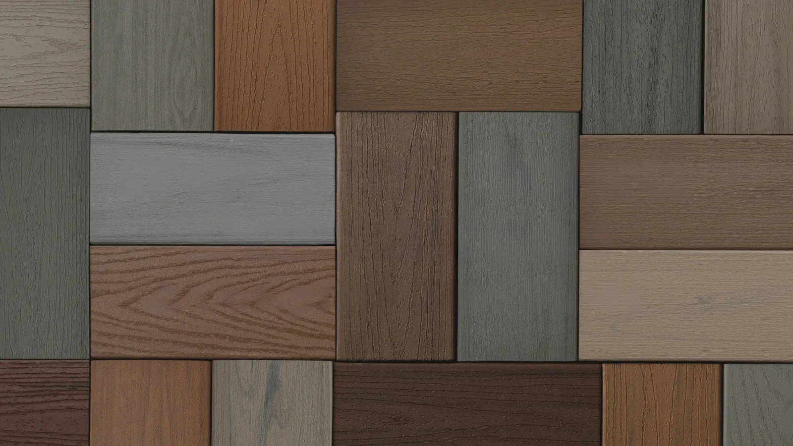 Composite decking color samples — TimberTech, Trex, Deckorators, and MoistureShield board swatches