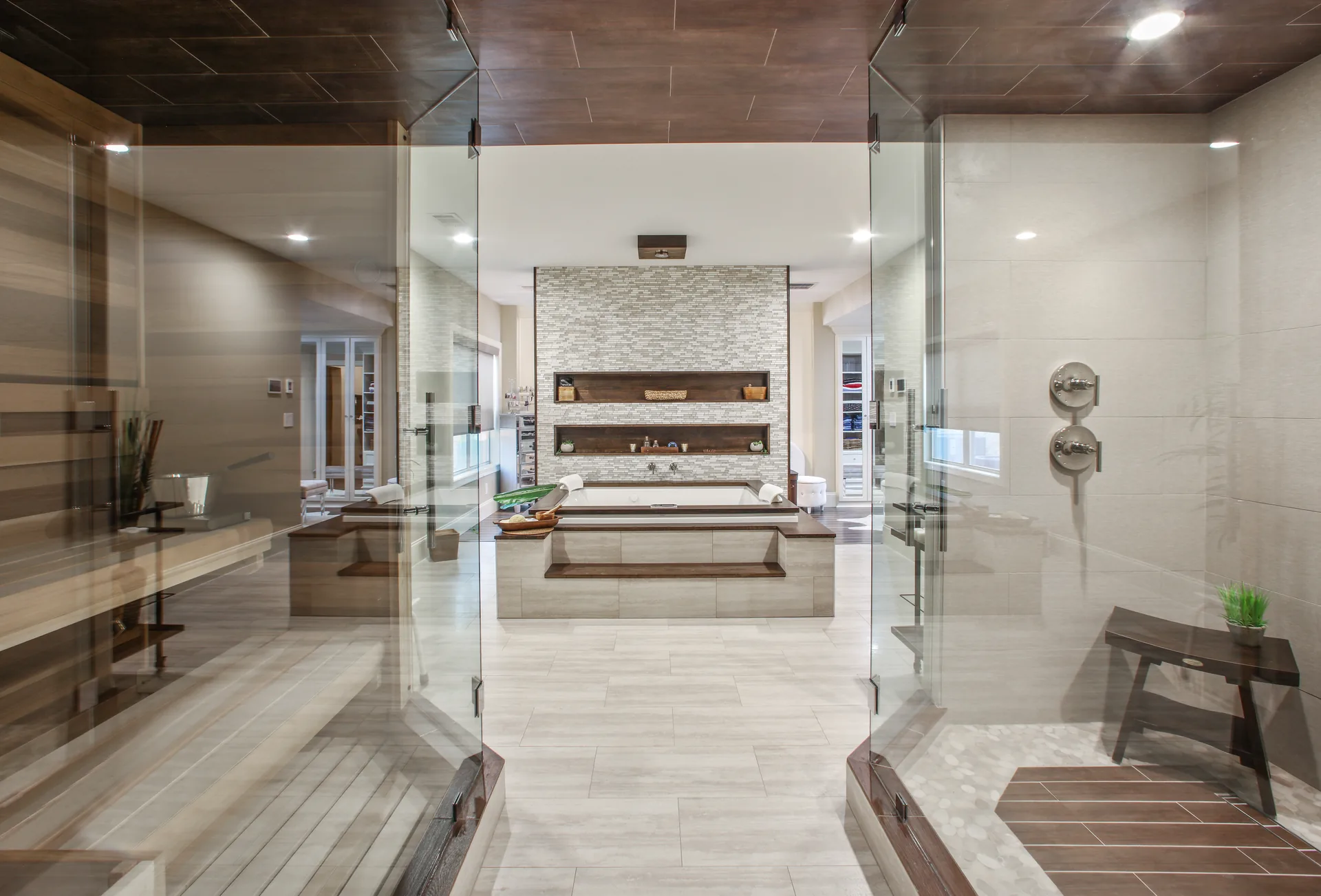 Finished luxury basement with spa, sauna, and walk-in shower in Grand Reserve, Roswell, GA by HomeVantage