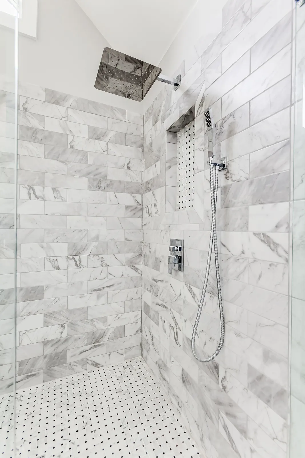 Walk-in shower, Custom tilework — Alpharetta bathroom remodel by HomeVantage
