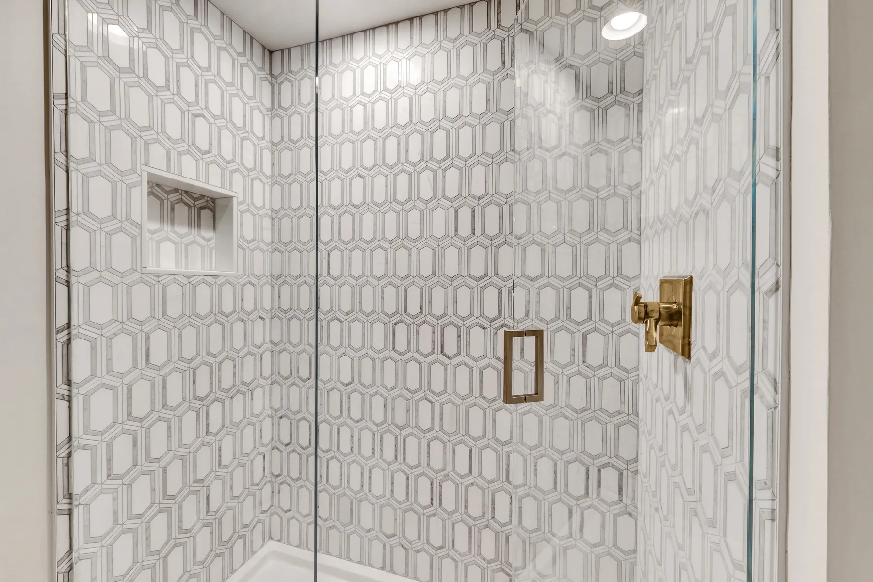 Walk-in shower, Custom tilework — Alpharetta bathroom remodel by HomeVantage