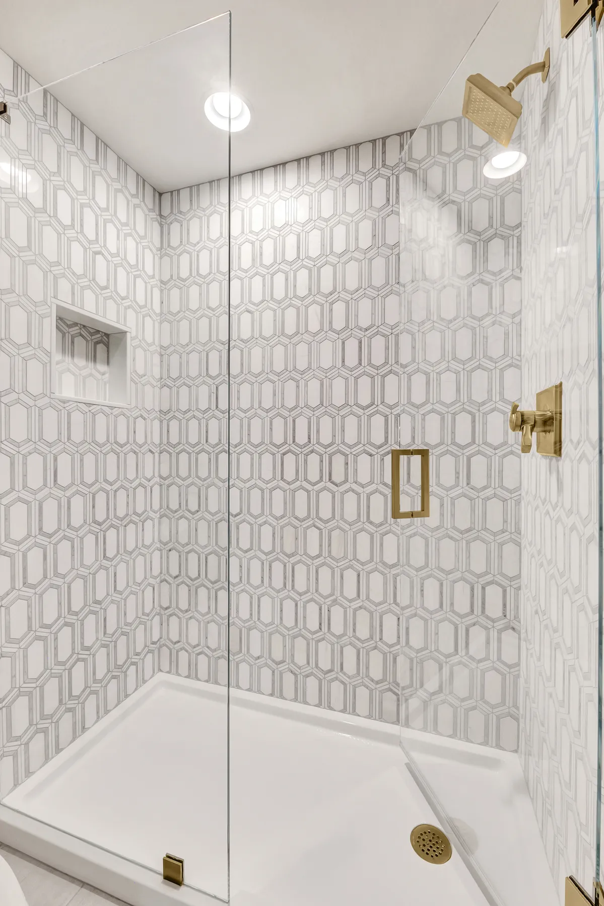 Walk-in shower, Custom tilework — Alpharetta bathroom remodel by HomeVantage