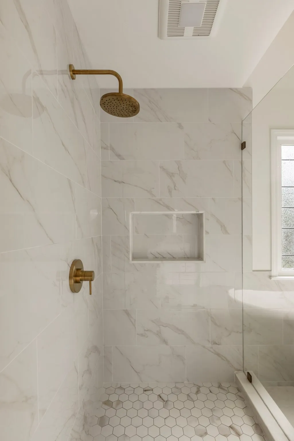 Walk-in shower, Custom tilework — Alpharetta bathroom remodel by HomeVantage