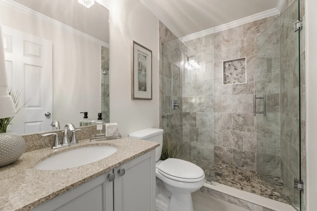 Walk-in shower, Custom tilework — Cumming bathroom remodel by HomeVantage