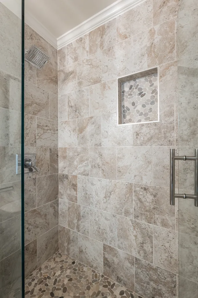 Walk-in shower, Custom tilework — Cumming bathroom remodel by HomeVantage