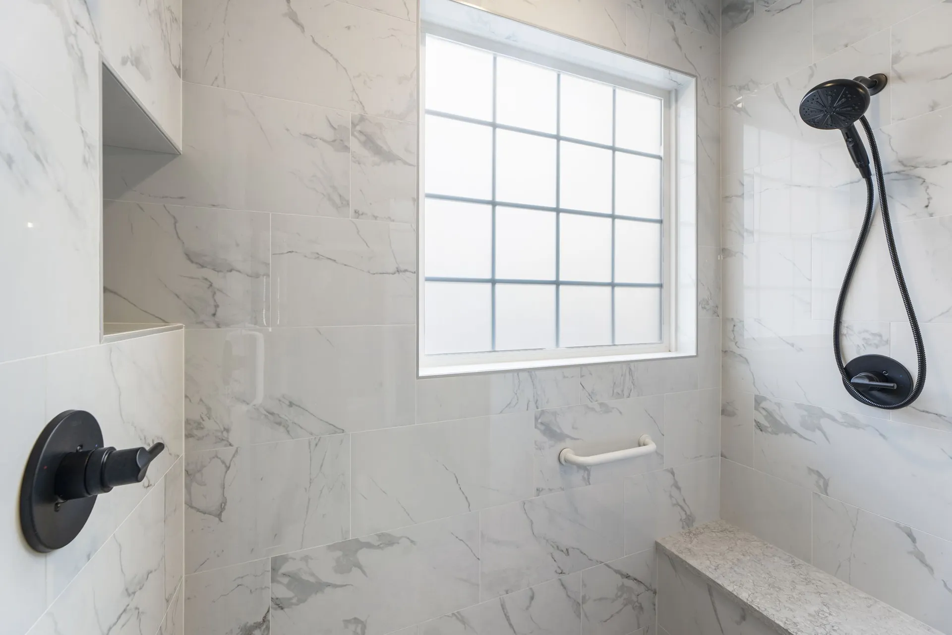 Walk-in shower, Custom tilework — Cumming bathroom remodel by HomeVantage