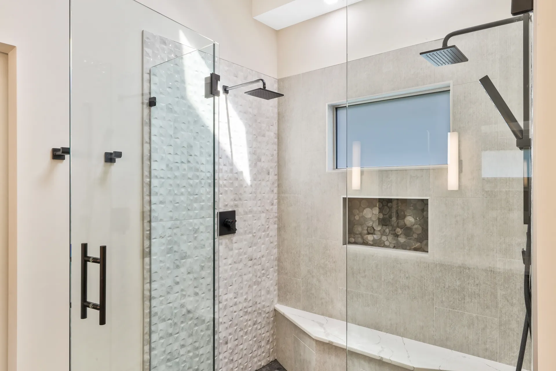 Walk-in shower, Custom tilework — Duluth bathroom remodel by HomeVantage