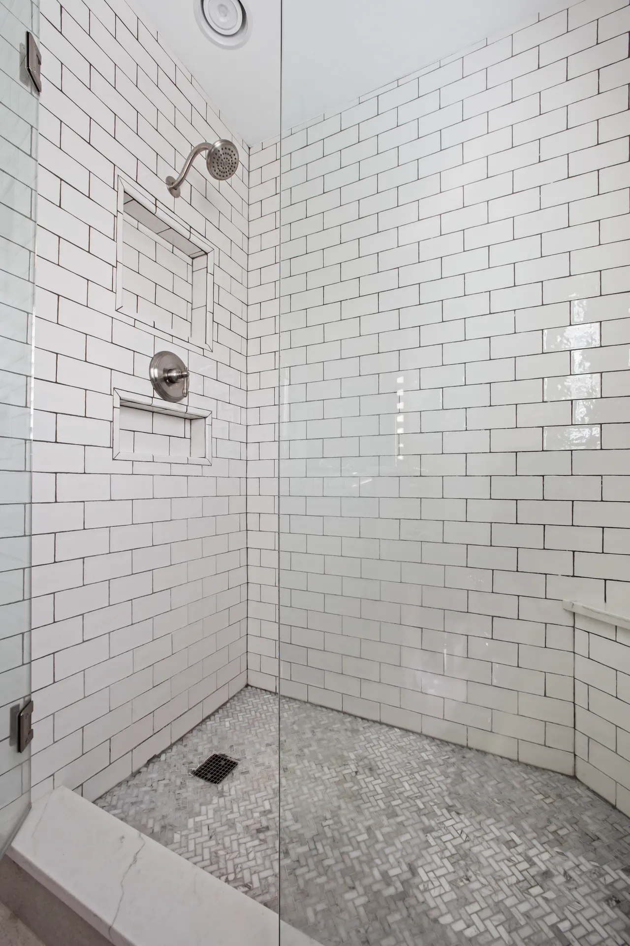 Walk-in shower, Custom tilework — Roswell bathroom remodel by HomeVantage