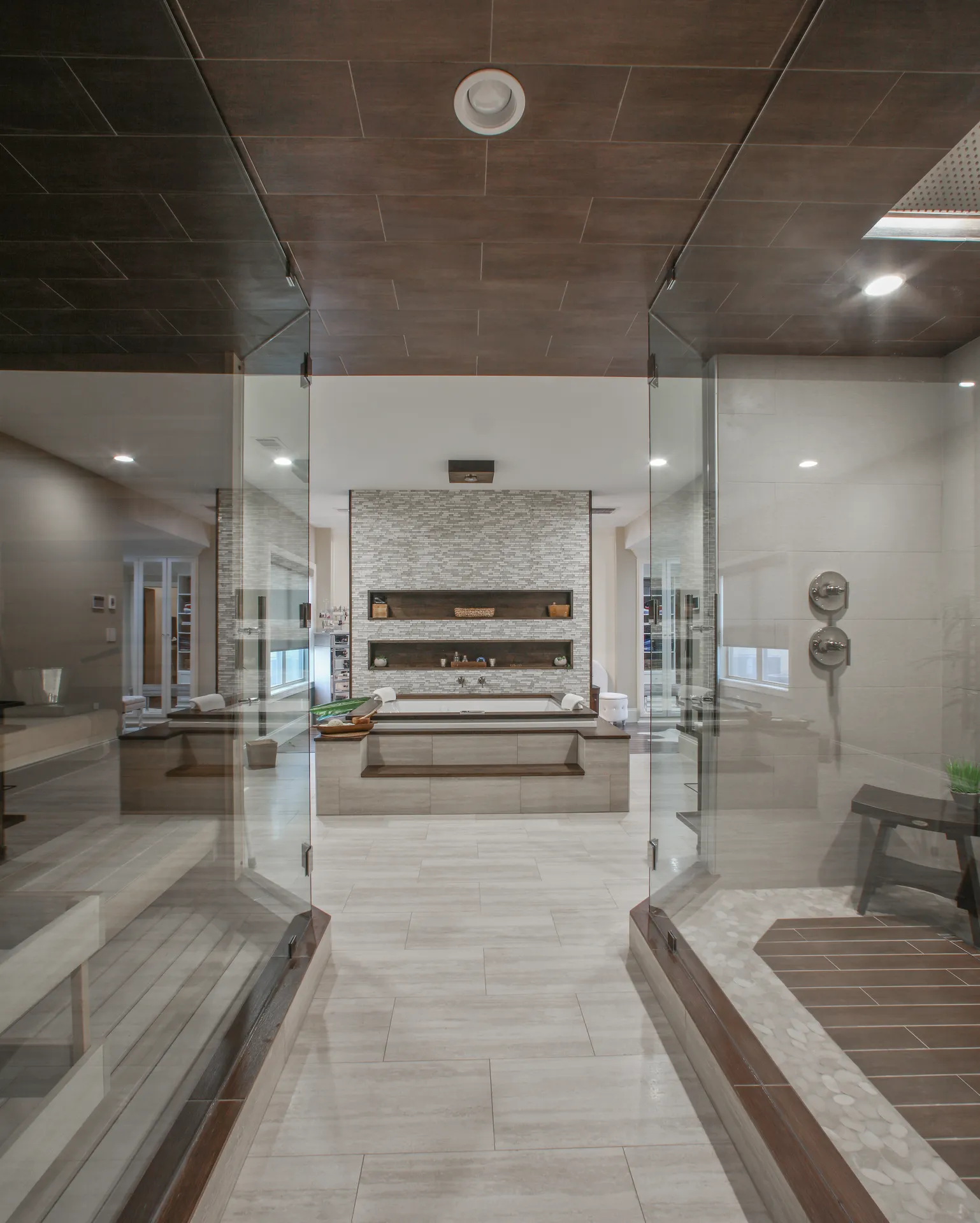 Walk-in shower, Custom tilework — Roswell bathroom remodel by HomeVantage
