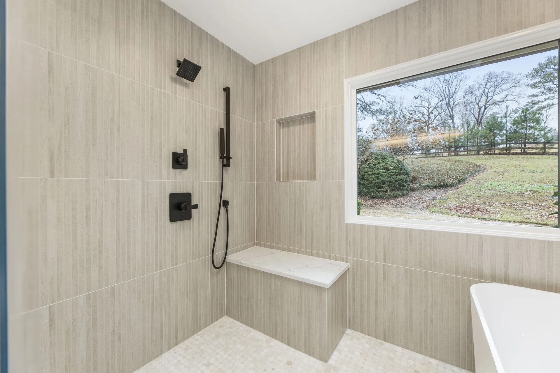 Walk-in shower, Tub — Roswell bathroom remodel by HomeVantage