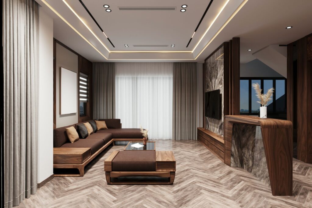 Modern basement living area with sleek furniture, large windows, and warm wood accents, showcasing a stylish design ideal for family gatherings and relaxation.