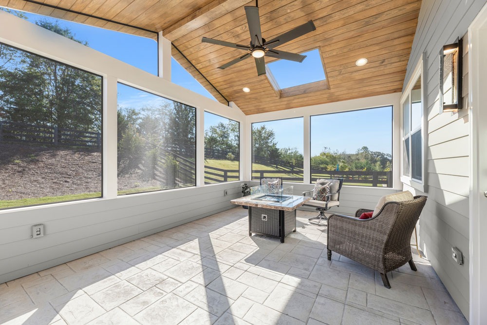 Screened-in porch renovation by HomeVantage featuring a modern design, ceiling fan, and stylish furniture, located in Cumming, GA.