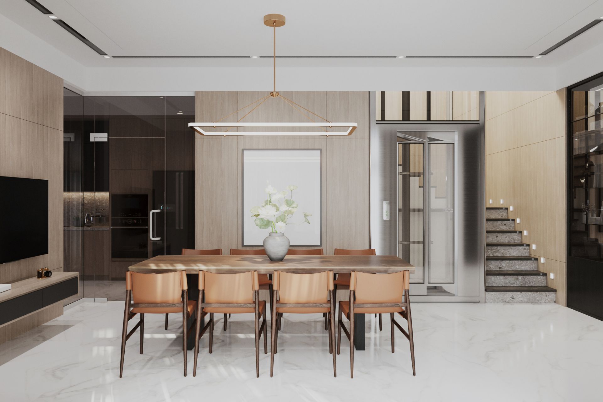 Modern dining room with a wooden table, eight brown chairs, and a stylish pendant light, featuring a floral centerpiece, adjacent to a contemporary kitchen and staircase, emphasizing cohesive design in home remodeling.