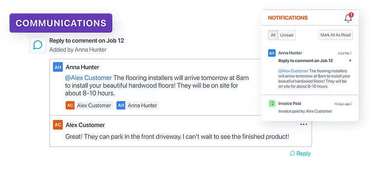 JobTread customer communication interface displaying messages between Anna Hunter and Alex Customer regarding flooring installation details, highlighting real-time updates and centralized project management features.