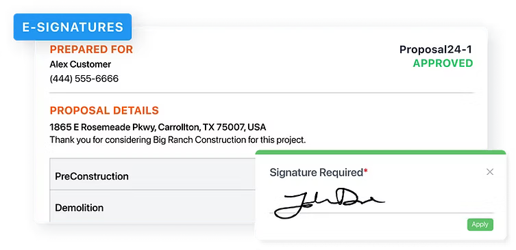 E-signature interface displaying approved proposal details for a construction project, including customer information and signature field for digital approval.