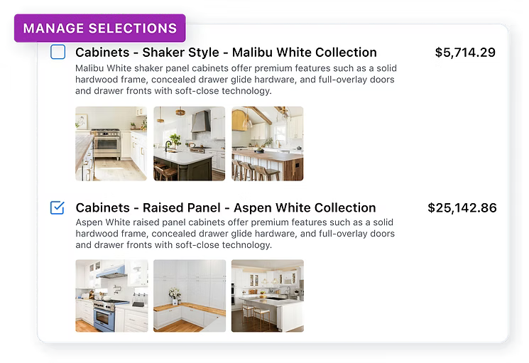 Manage selections for home renovation projects featuring two cabinet styles: Shaker Style from the Malibu White Collection and Raised Panel from the Aspen White Collection, including images and pricing.
