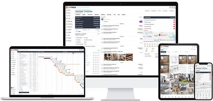 JobTread project management software displayed on multiple devices, showcasing real-time updates, scheduling tools, and centralized communication for home renovation projects.